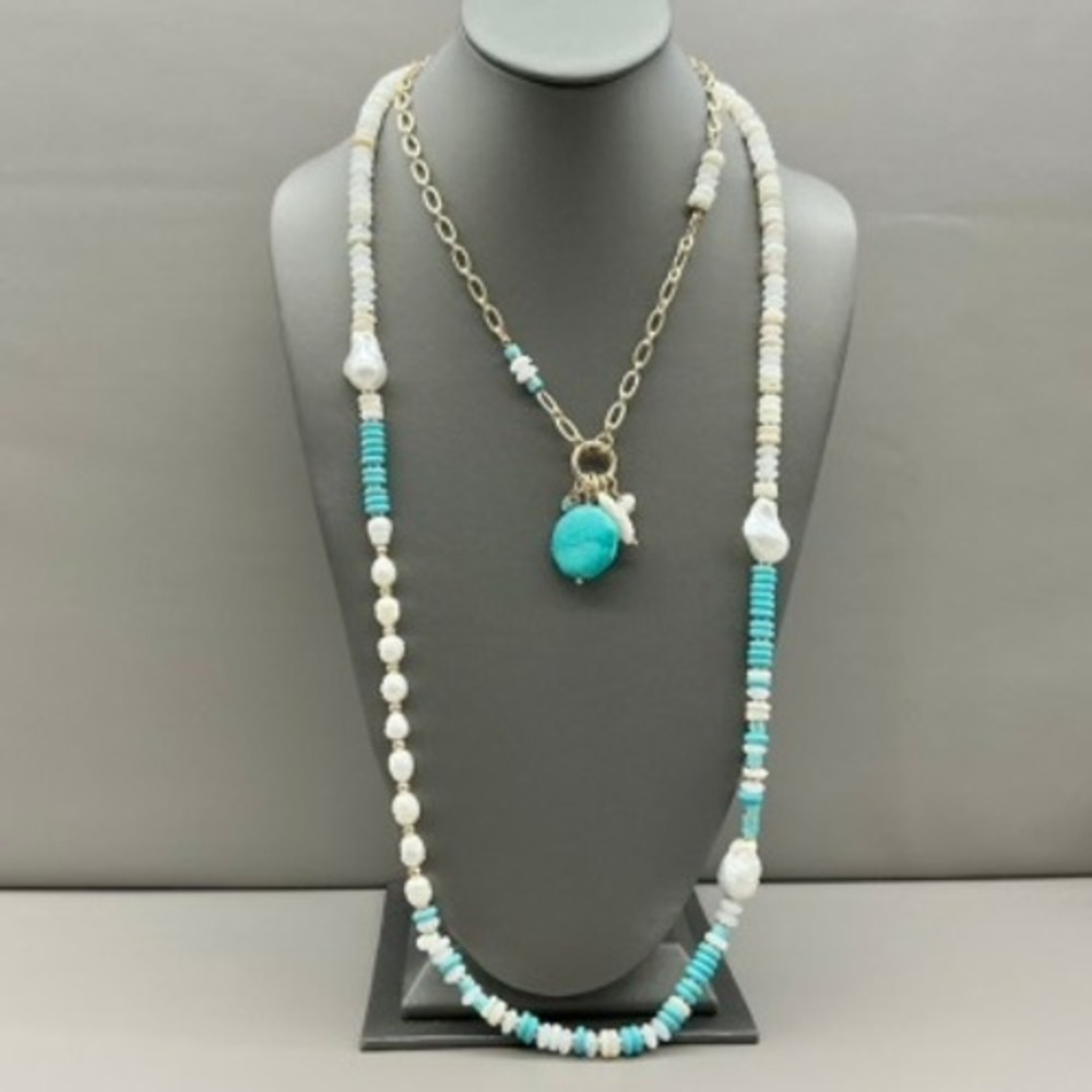 Chicos Necklace Womens Blue White Faux Pearl Turquoise Beaded Long Boho 28 Inch